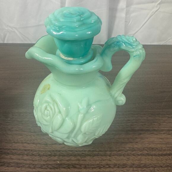 Vintage Avon Blue Milk Glass Pitcher Cologne Bottle with Stopper 1970s - Picture 2 of 3